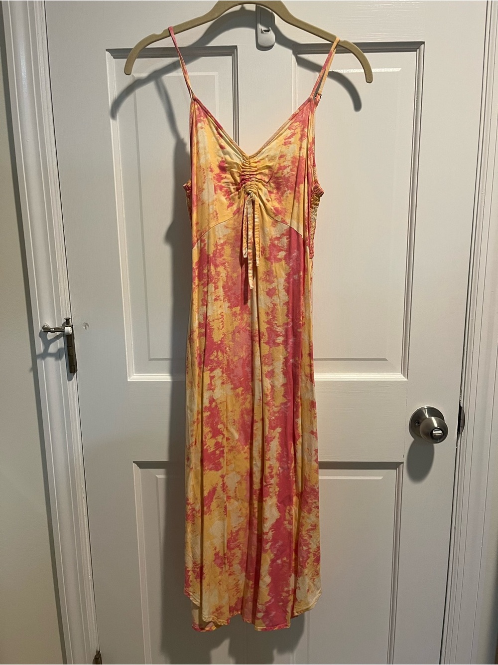 Sincerely Jules Yellow & Pink Tie-Dye Ruched Spaghetti Strap Maxi Dress